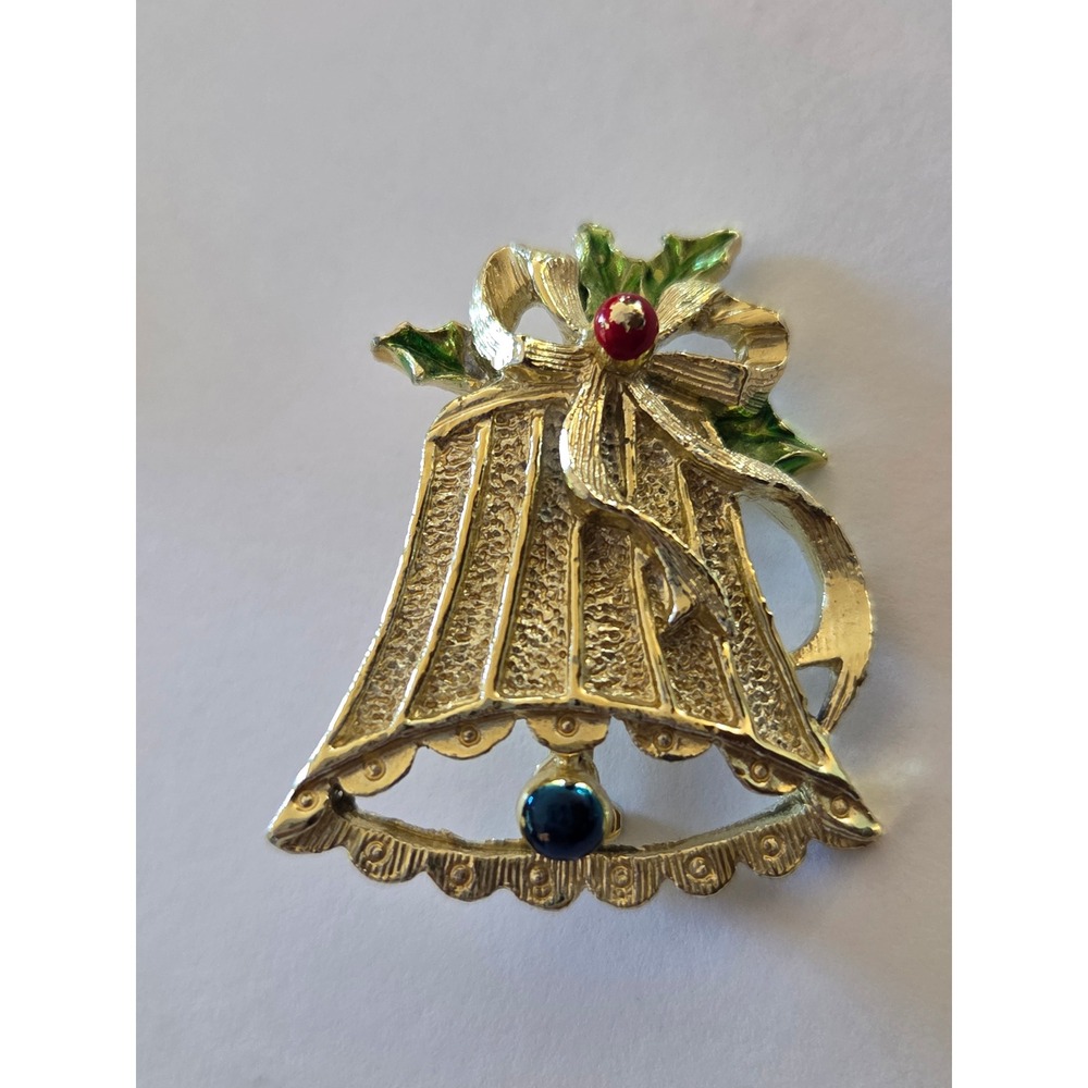 Vintage Gerrys Christmas Bell Brooch Gold Tone Enamel Holly Leaf Pin Signed
